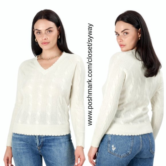 NEW Minnie Rose Cashmere V-Neck Frayed Edges Cable Knit Sweater - Picture 2 of 12